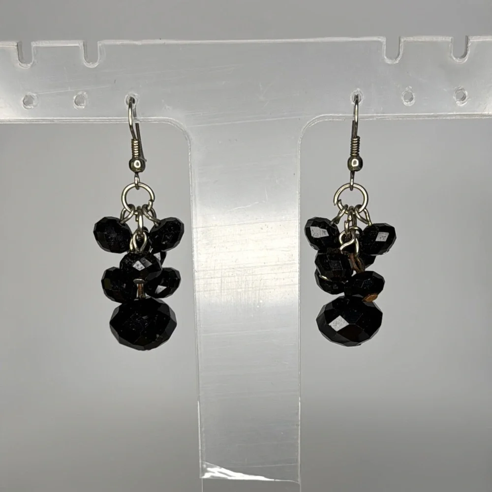 Black Cascading Bead Earrings with Silver Hooks